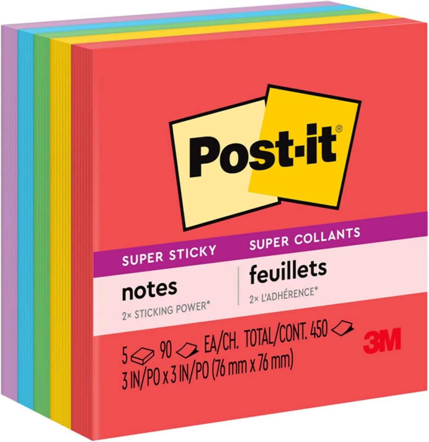 Post-it Super Sticky Notes, 5 Sticky Note Pads, 3 x 3 in., School Supplies and Office Products, Ideal for Textbooks, Notebooks, Walls and Vertical Surfaces, Playful Primaries Collection