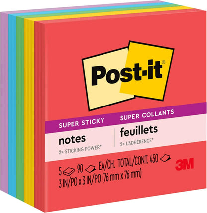 Post-it Super Sticky Notes, 5 Sticky Note Pads, 3 x 3 in., School Supplies and Office Products, Ideal for Textbooks, Notebooks, Walls and Vertical Surfaces, Playful Primaries Collection