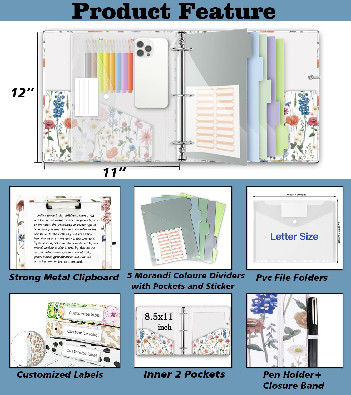 3 Ring Binder 1 Inch, Three Ring Binders Organizer with Clipboard, 5-Tabs Pockets Dividers, Plastic Folder, 18 Divider Stikers, BVSSX Pretty Binder with Pen Loop (Black Weeds, Letter Size)