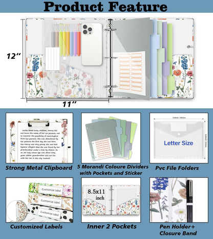 3 Ring Binder 1 Inch, Three Ring Binders Organizer with Clipboard, 5-Tabs Pockets Dividers, Plastic Folder, 18 Divider Stikers, BVSSX Pretty Binder with Pen Loop (Black Weeds, Letter Size)
