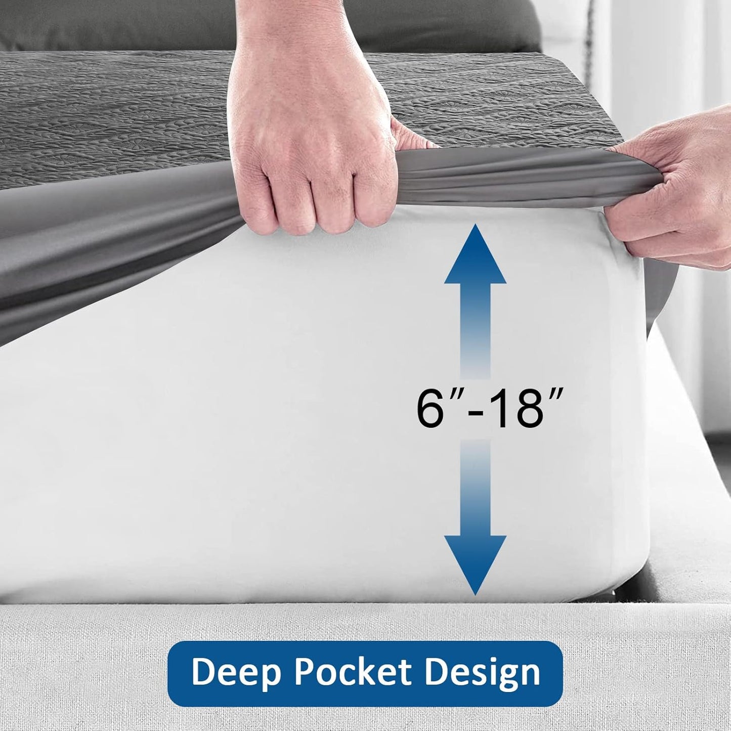Sufdari Mattress Protector,Waterproof 18" Deep Pocket Mattress Cover Fitted Sheet Style with Elastic Rubber Band,Washable and Easy Care-Black,Queen