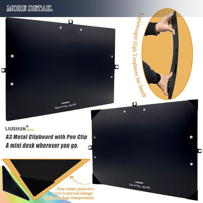 Three Clip Aluminum 11x17 Clipboard Metal Stainless Hangable Clipboards Art Pen Holder Extra Large Clip Board for Business Medical Professionals Workshop (Silver, A3-3Clip)