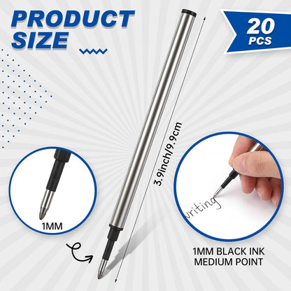 Sherr 20 Pcs 4.4 inch Replaceable Rollerball Pen Refills 0.5mm Fine Point Metal Body Refills Compatible with Mainstream Fountain Pens Smooth Writing Quick Dry Anti-Bleed for School Office(Black Ink)
