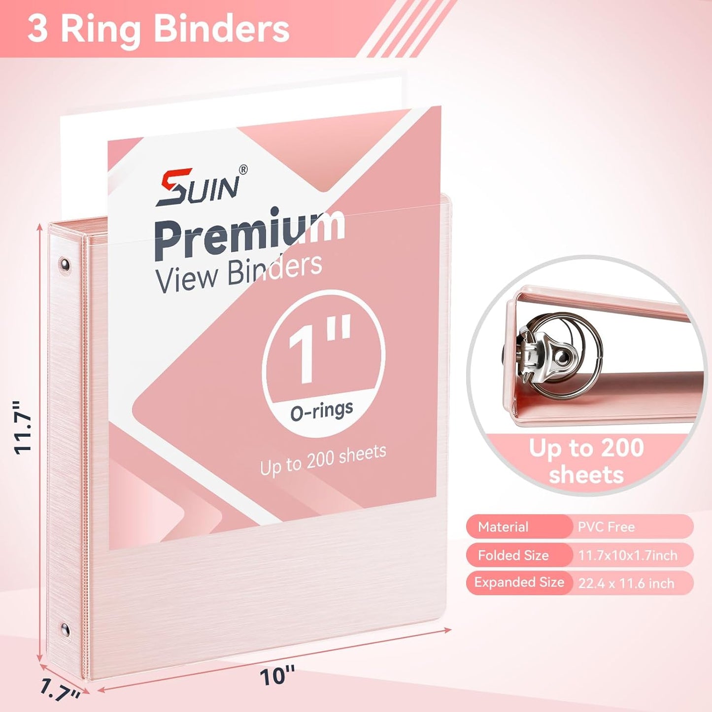 SUIN 1 Inch 3 Ring Binder, Clear 1'' View Presentation Binders with 2 Pockets, Fits 8.5 x 11 Letter Size, Durable Polypropylene, Non-Stick & PVC-Free for School, Office & Home (Orange)