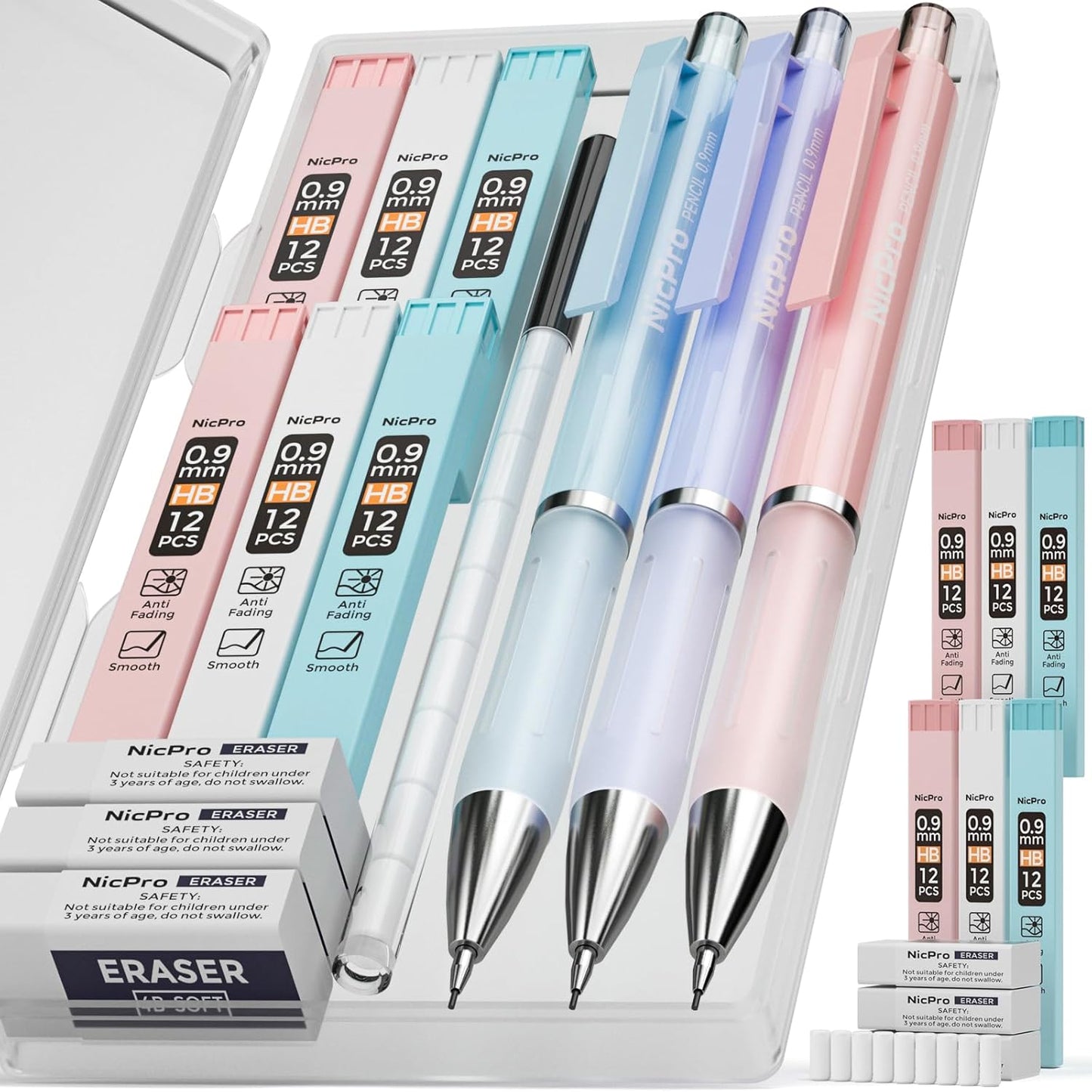 Nicpro 3PCS Cute Mechanical Pencil Set with Case, 0.7 mm Pencils with 6 Tube HB Lead Refill, 3PCS Eraser, 9PCS Eraser Refill for School Supplies Student Writing, Drafting Drawing Sketching