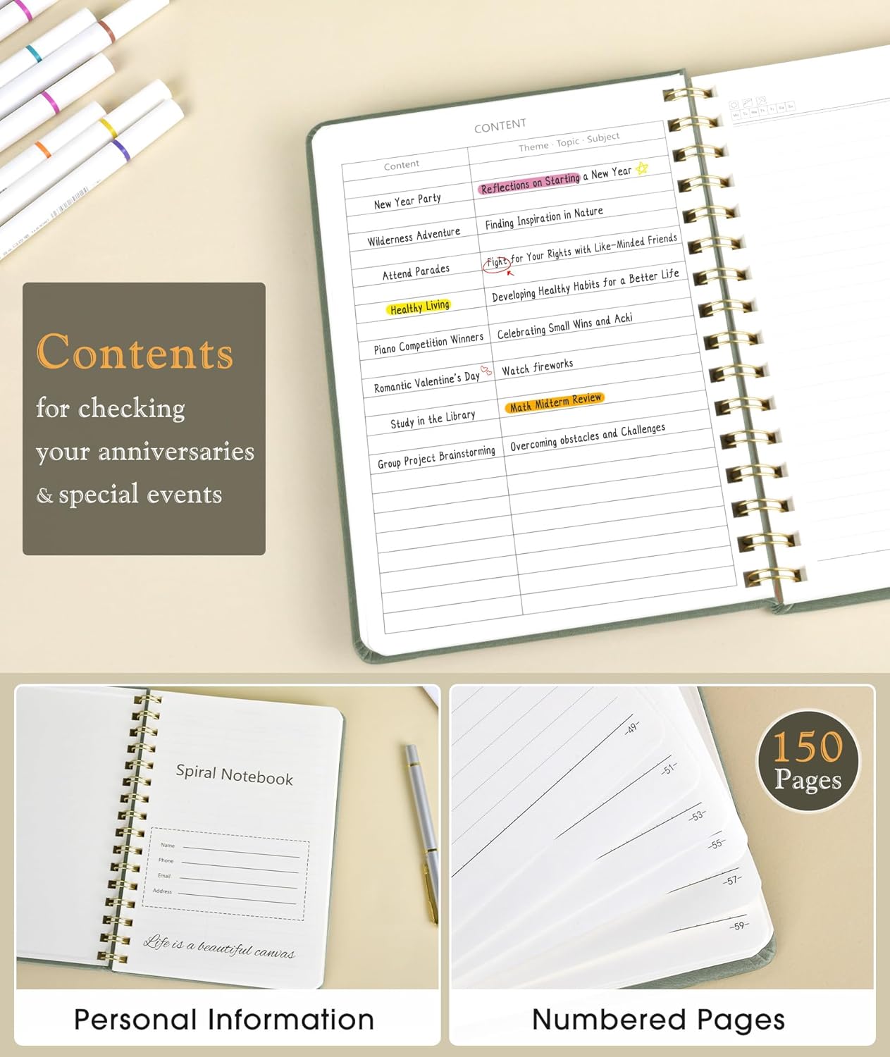 Lined Spiral Journal Notebook, A5 Hardcover Spiral Journals for Women Men, 150 Numbered Pages Spiral Bound Notebook, 100 GSM College Ruled Notebooks for Work, Note Taking 5.75" x 8.38", Olive Green