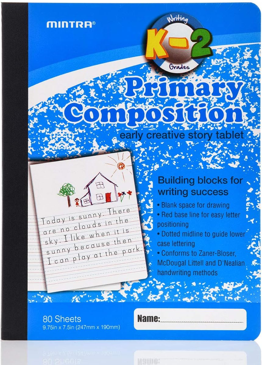 Mintra Primary Composition Notebook, 4 Pack, Assorted Colors 80 Sheets, 7.5in x 9.75in, 1/2 Sheet, Ruled with Drawing Area, Flexible Hardcover Journal, Grades K-2, School & Home Use