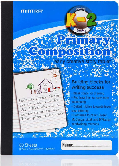 Mintra Primary Composition Notebook, 4 Pack, Assorted Colors 80 Sheets, 7.5in x 9.75in, 1/2 Sheet, Ruled with Drawing Area, Flexible Hardcover Journal, Grades K-2, School & Home Use