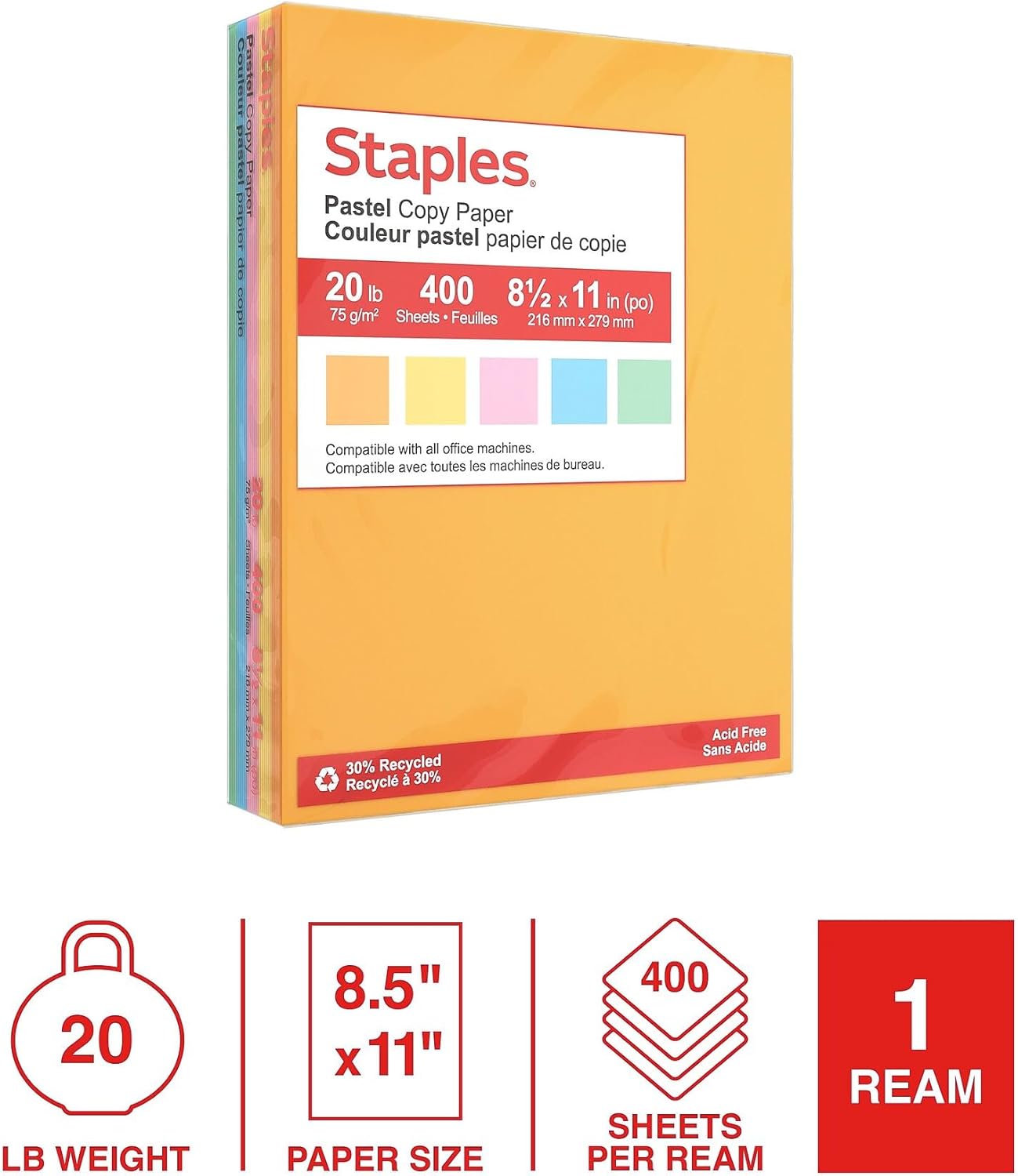 Staples Pastel Colored Copy Paper 8 1/2-Inch x 11-Inch Pink 500/Ream, For Office, School & Home