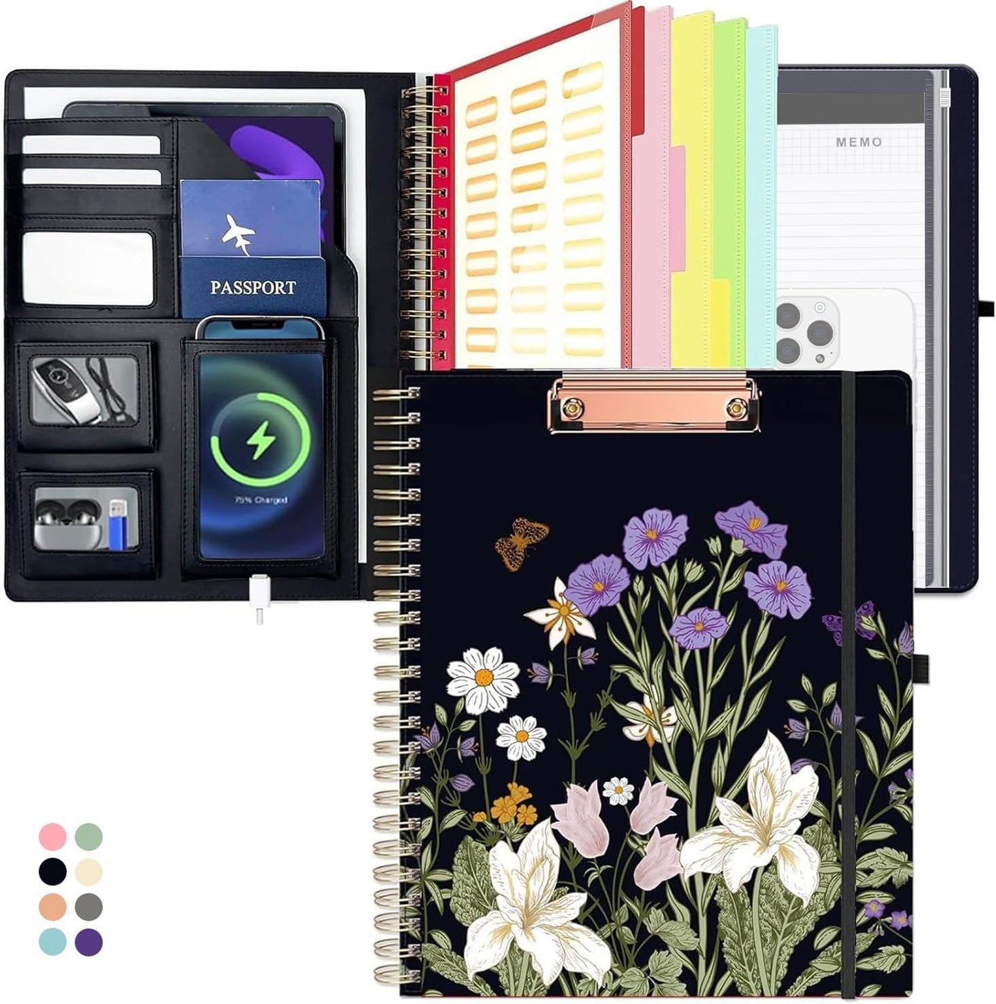 Grey Foldable Spiral Clipboard Folio with Storage Zipper Pouch, 5 Plastic Folders with Pockets,Refillable Lined Notepad (8.5" x 11"), Hardcover Project Organizer with 39 Stickers