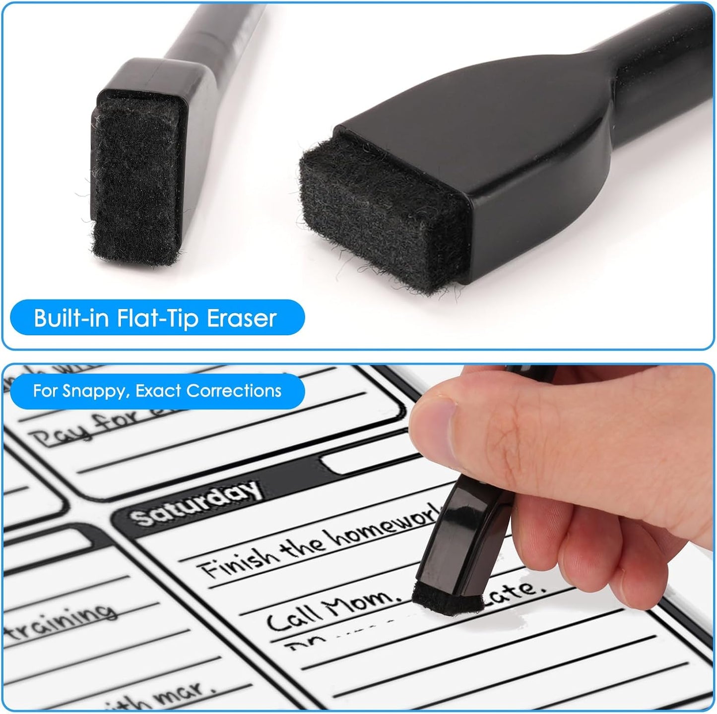 maxtek Magnetic Black Dry Erase Markers, 6 Count Fine Tip Whiteboard Markers with Eraser, Thin Markers Low Odor for Classroom, Office, Home