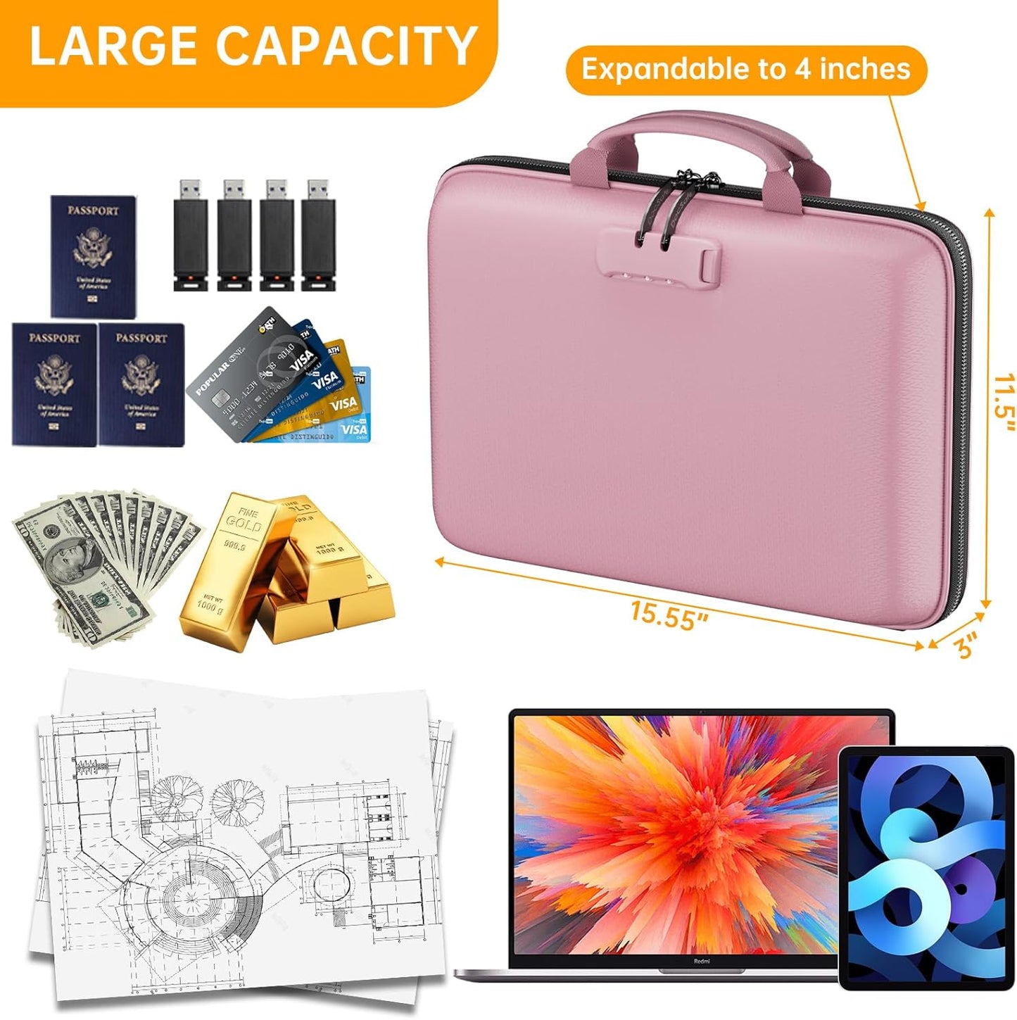 DocSafe Fireproof File Organizer with Lock, Hard-Shell Case Fireproof Document Box with 13 Pocket Accordion File Folder, Portable Home Office Travel Safe Storage for Important Documents Laptop Black