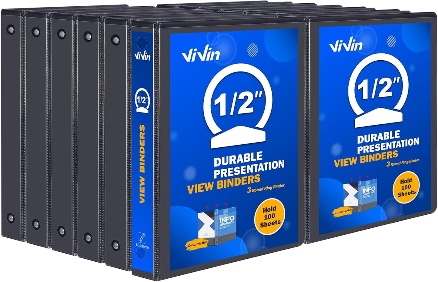 3 Ring Binder 1-1/2 Inch, ViVin Sturdy 1.5"-Round Ring Binder with 2 Interior Pockets, Clear View Cover, PVC-Free, Fits 300 Sheets of 8.5'' x 11'' Paper, Office Home School (6 Pack, White)