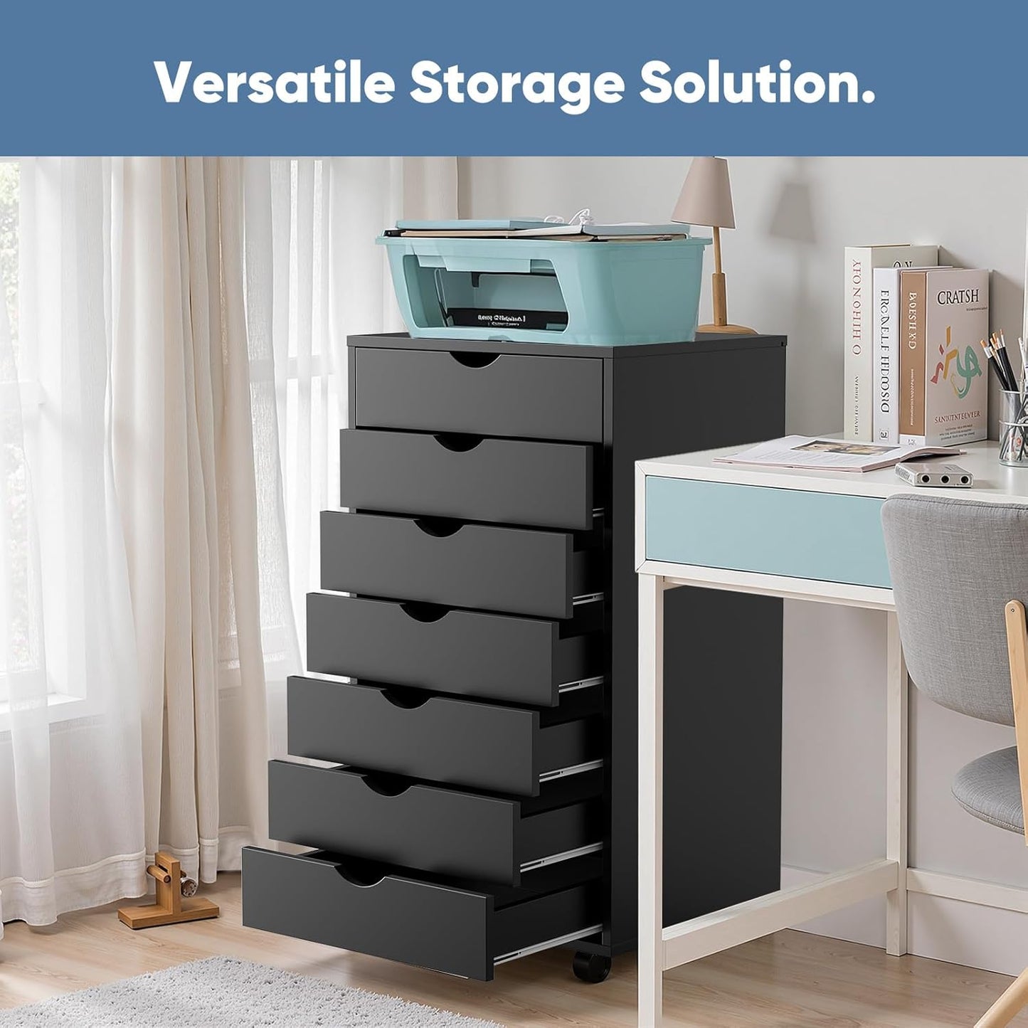 OLIXIS 5 Drawer Mobile File Cabinet Under Desk Storage Organization with Wheels Vertical Filing Chest Rolling Wood Small Desk Printer Stand for Home Office, 15.75"D x 18.74"W x 25.39"H, Black