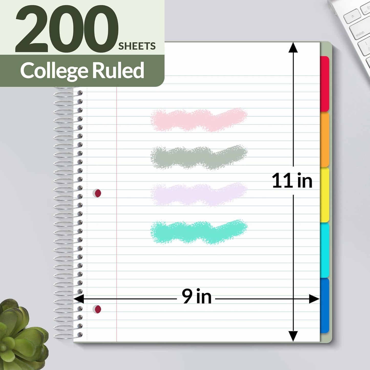 SUNEE 5 Subject Graph Paper Notebook - 400 Pages, 9"x11", 4x4 Graph Ruled Notebook, 5 Pocket Colored Dividers, 3-Hole Punched Paper, Black