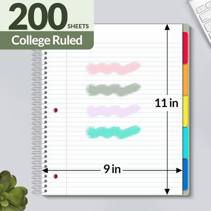 SUNEE 5 Subject Graph Paper Notebook - 400 Pages, 9"x11", 4x4 Graph Ruled Notebook, 5 Pocket Colored Dividers, 3-Hole Punched Paper, Black