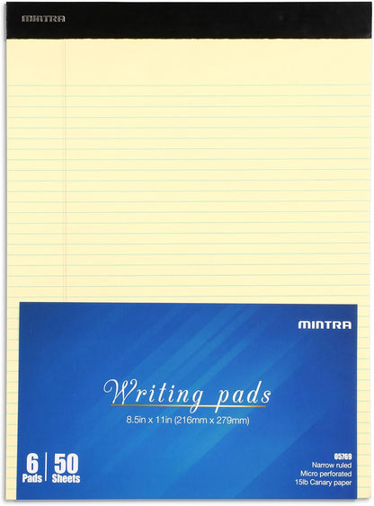Mintra Office White Legal Pads – Ruled Notepads and Micro-Perforated Sheets, Ideal for Writing, Note-Taking & Creativity, Office, or Professional Use, Basic Pad 6 pack, 8.5"x11" (Narrow Ruled)