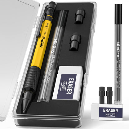 Nicpro 3 PCS 1.3 mm Orange Mechanical Pencils Set with 66 Lead Refill, 3 Eraser - Weatherproof Metal Barrel, Heavy Duty Carpenter Pencil MP2000 for Outdoor Marking Drafting Drawing Woodworking