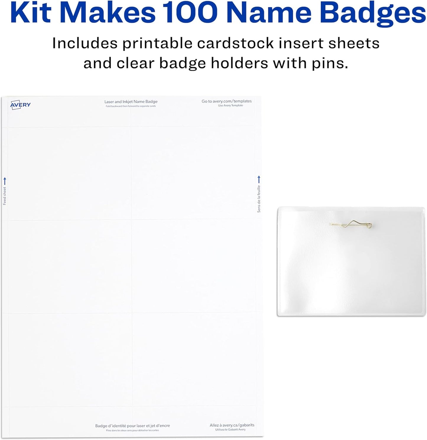 Avery Customizable Name Badges, Pin Style, 2.25" x 3.5", Clear Name Tag Holders, White Laser/Inkjet Printable Inserts, 100 Total (74549)