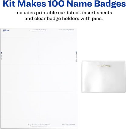 Avery Customizable Name Badges, Pin Style, 2.25" x 3.5", Clear Name Tag Holders, White Laser/Inkjet Printable Inserts, 100 Total (74549)
