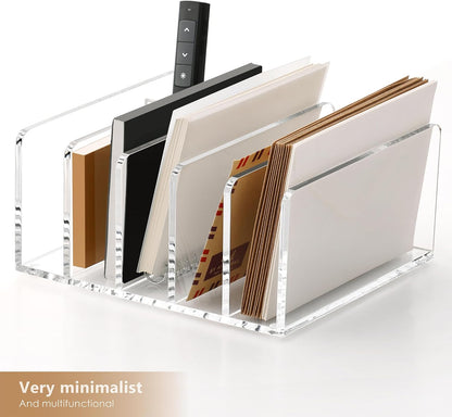 SANRUI 5 Compartments Acrylic Mail Sorter Holder, Clear Document Magazine Envelope File Rack, Vertical Letter Sorter & Multifunction Desk Organizer for Bills, Documents, Notebooks
