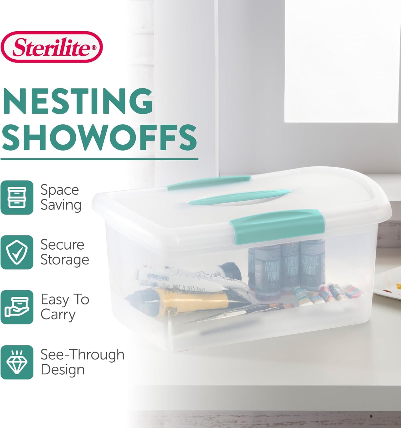 Sterilite Large Nesting ShowOffs, Stackable Small Storage Bin with Latching Lid and Handle, Plastic Container to Organize Office Files, Clear, 6-Pack