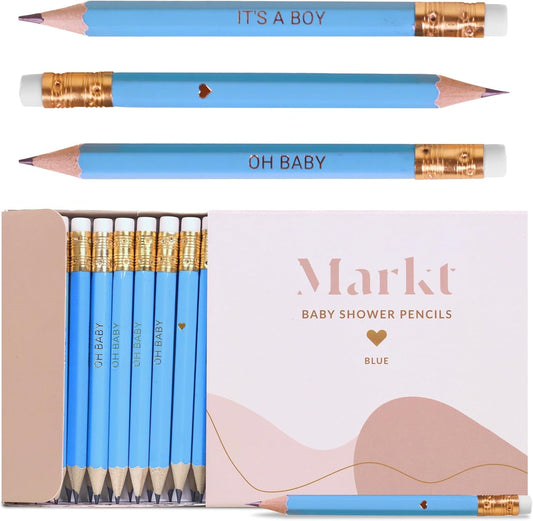 Markt Mini Pencils For Baby Shower Games Boy, Heart Pencils, Small Blue Pencil Set (Wood Pencil Set)