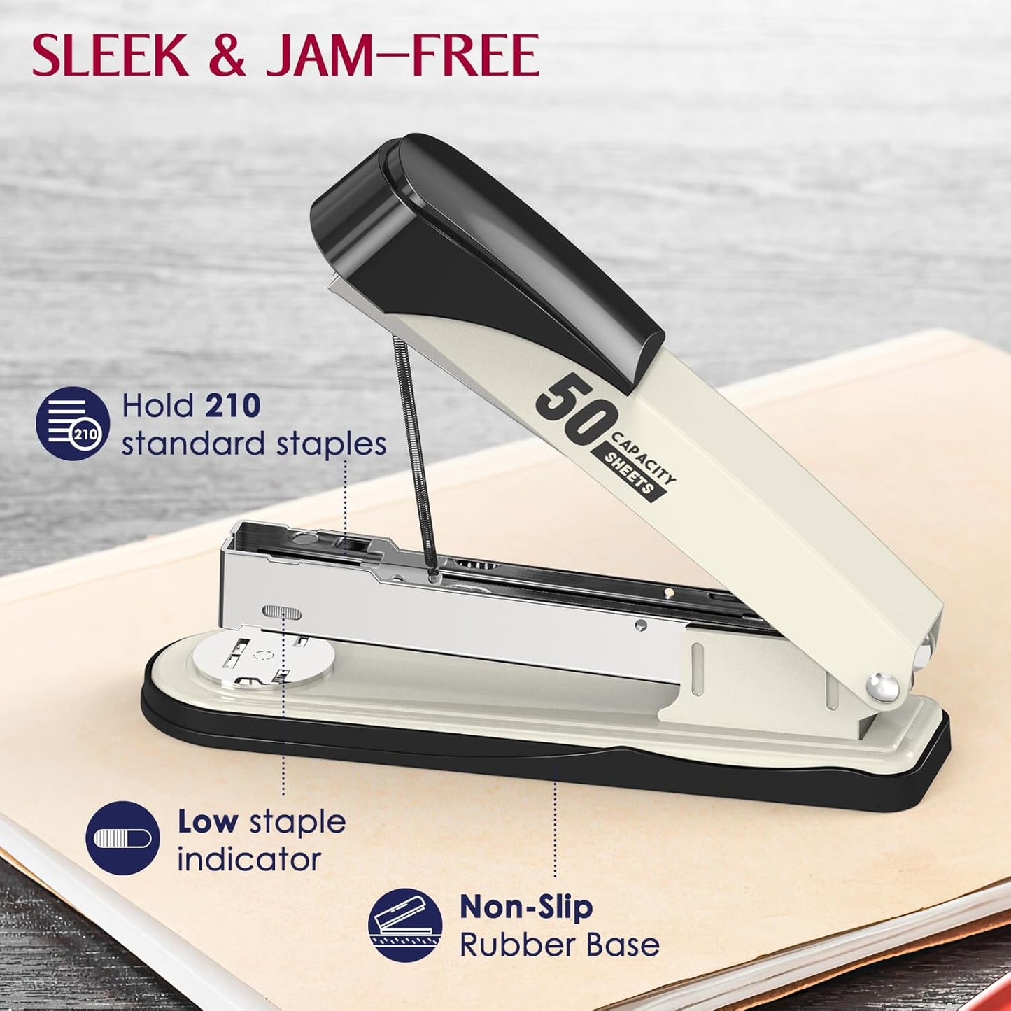 Metal Stapler Heavy Duty 50 Sheet Capacity with 1750 Staples and Staple Remover, Full Strip Staplers for Desk, No Jam, Non-Slip for Office & Classroom, Black