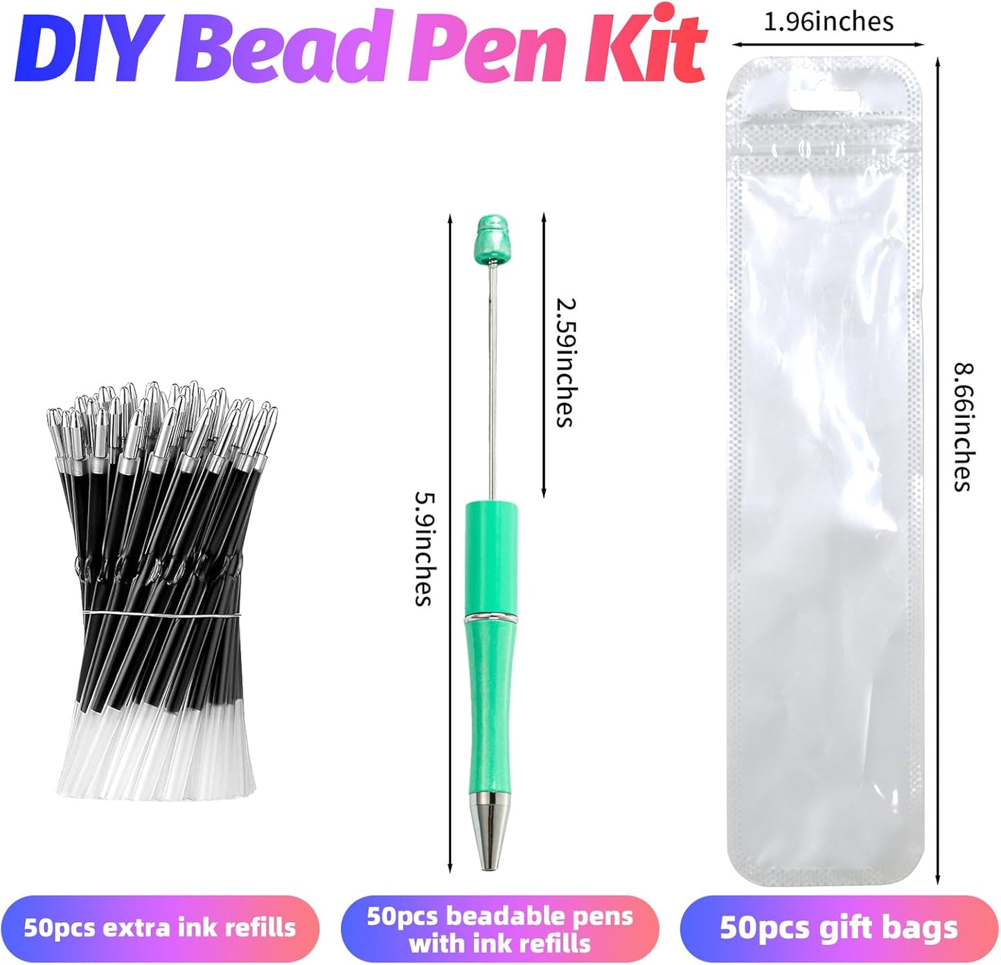 150 Pieces DIY Beadable Pen Kit – 50 Plastic Ballpoint Pens with Refills & Bags, Beads Not Included – School Supplies, Office Accessories & Craft Gifts for Students & Teachers (Multicolor)