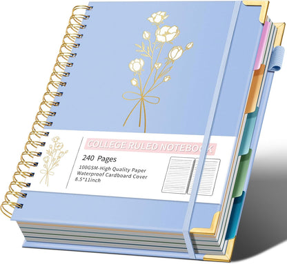 Hardcover Spiral Notebooks 8.5" X 11" Note Taking 5 Subject Notebook College Ruled with Dividers 240 Pages 100GSM Aesthetic Spiral Notebook for Work School Cute Journals for Women Writing