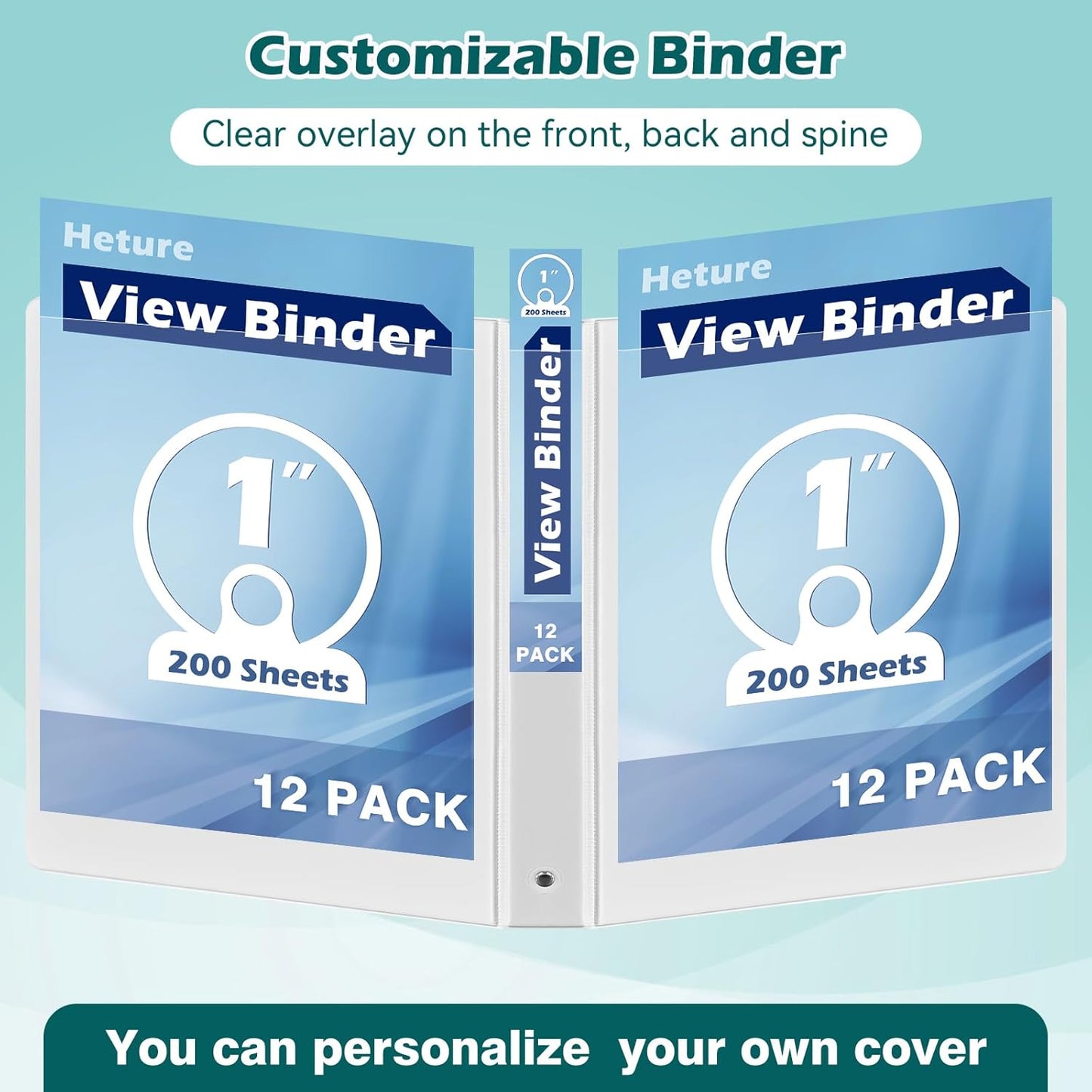 Heture 3 Ring Binder 1 Inch 12 Pack, 1" Clear View with Round Rings, PVC-Free,Holds for 200 Sheets 8.5“ x 11" US Letter Size Paper, Durable White Binders Perfect for Office,School and Home