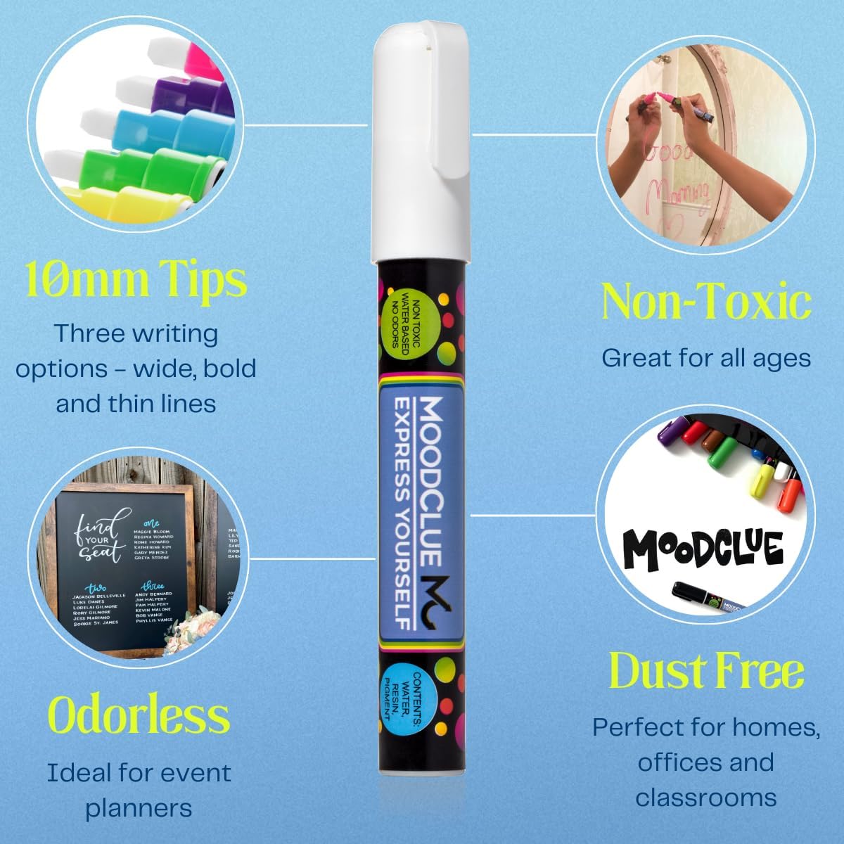 MoodClue Liquid chalk markers 12 neon erasable Whiteboards, glass boards, chalkboards, windows, mirrors, car windshields, auto, glass. Odorless, non-toxic. Wet or dry erase. Thick and thin tip