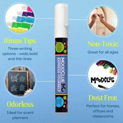 MoodClue Liquid chalk markers 12 neon erasable Whiteboards, glass boards, chalkboards, windows, mirrors, car windshields, auto, glass. Odorless, non-toxic. Wet or dry erase. Thick and thin tip