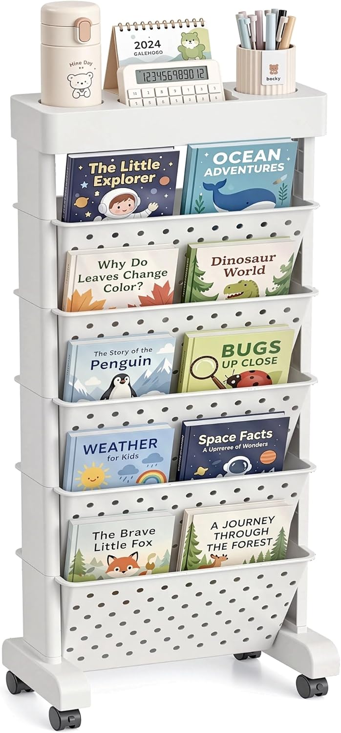 BYFU 6-Tier Movable Bookshelf Cart, Rolling File Storage Paper Organizer Mobile Bookcase with Wheels for Home Office Study Classroom, Black