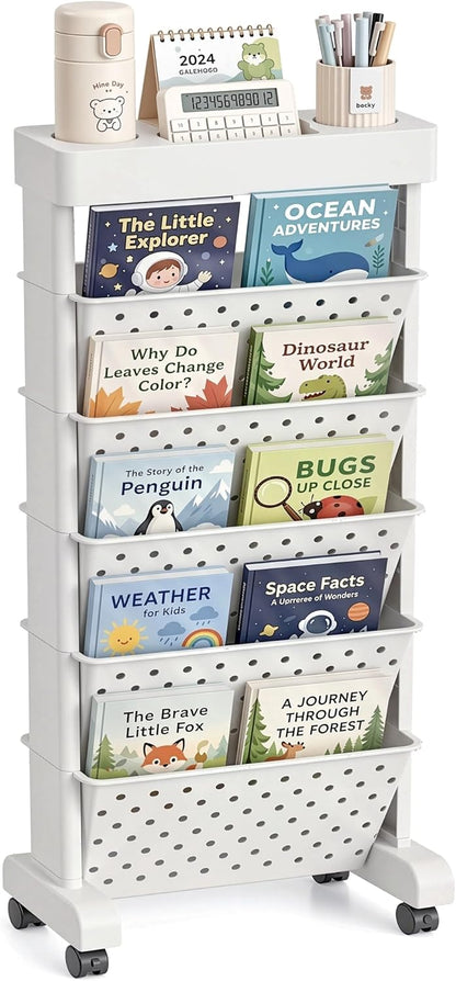 BYFU 6-Tier Movable Bookshelf Cart, Rolling File Storage Paper Organizer Mobile Bookcase with Wheels for Home Office Study Classroom, Black