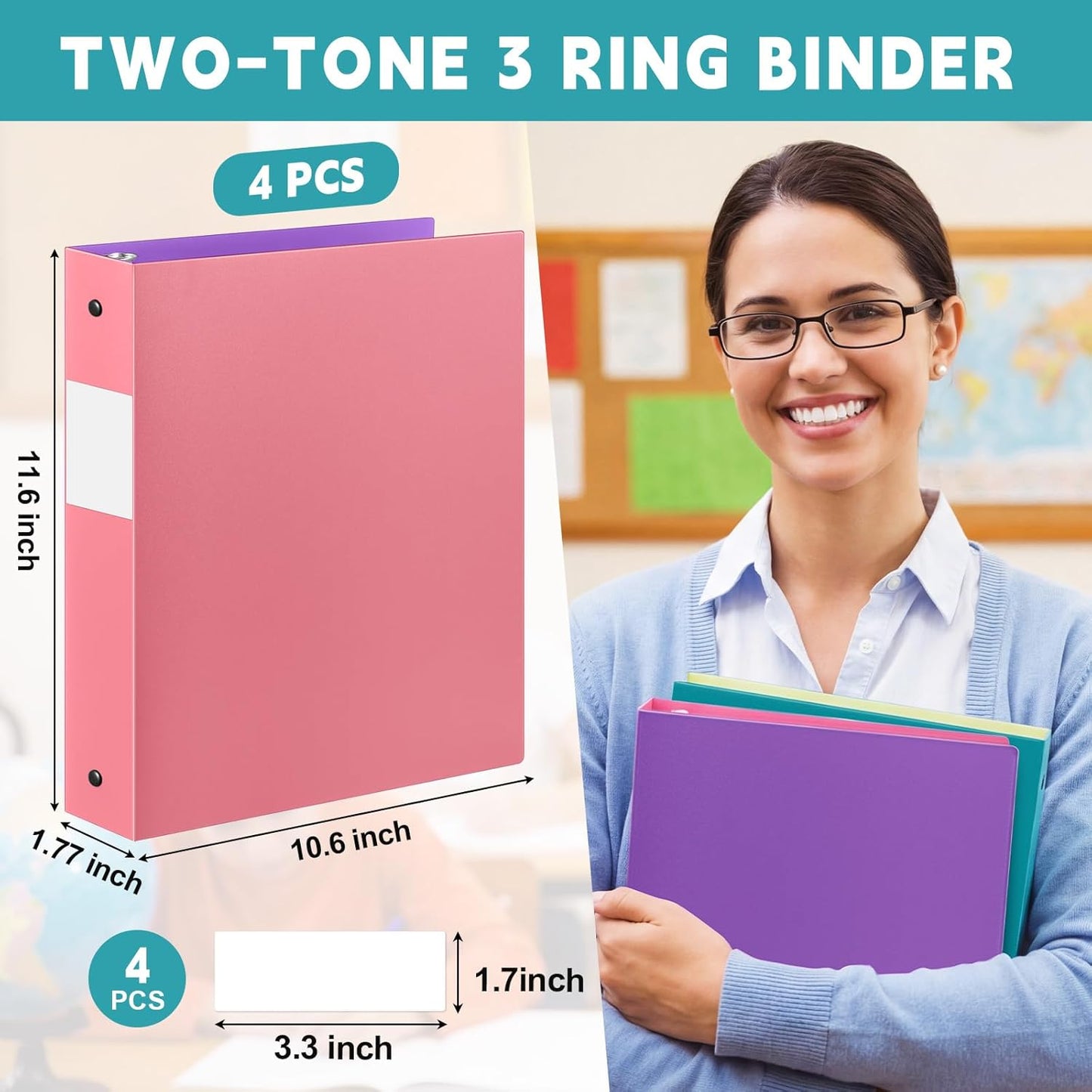 Henoyso 4 Pack Plastic Two-Tone View 3 Ring Binder, 1 Inch Round Ring Binder with Four Inner Pockets, Heavy Duty View Binders for School and Office, Pink, Teal, Purple and Lime (Clear Font Pocket)