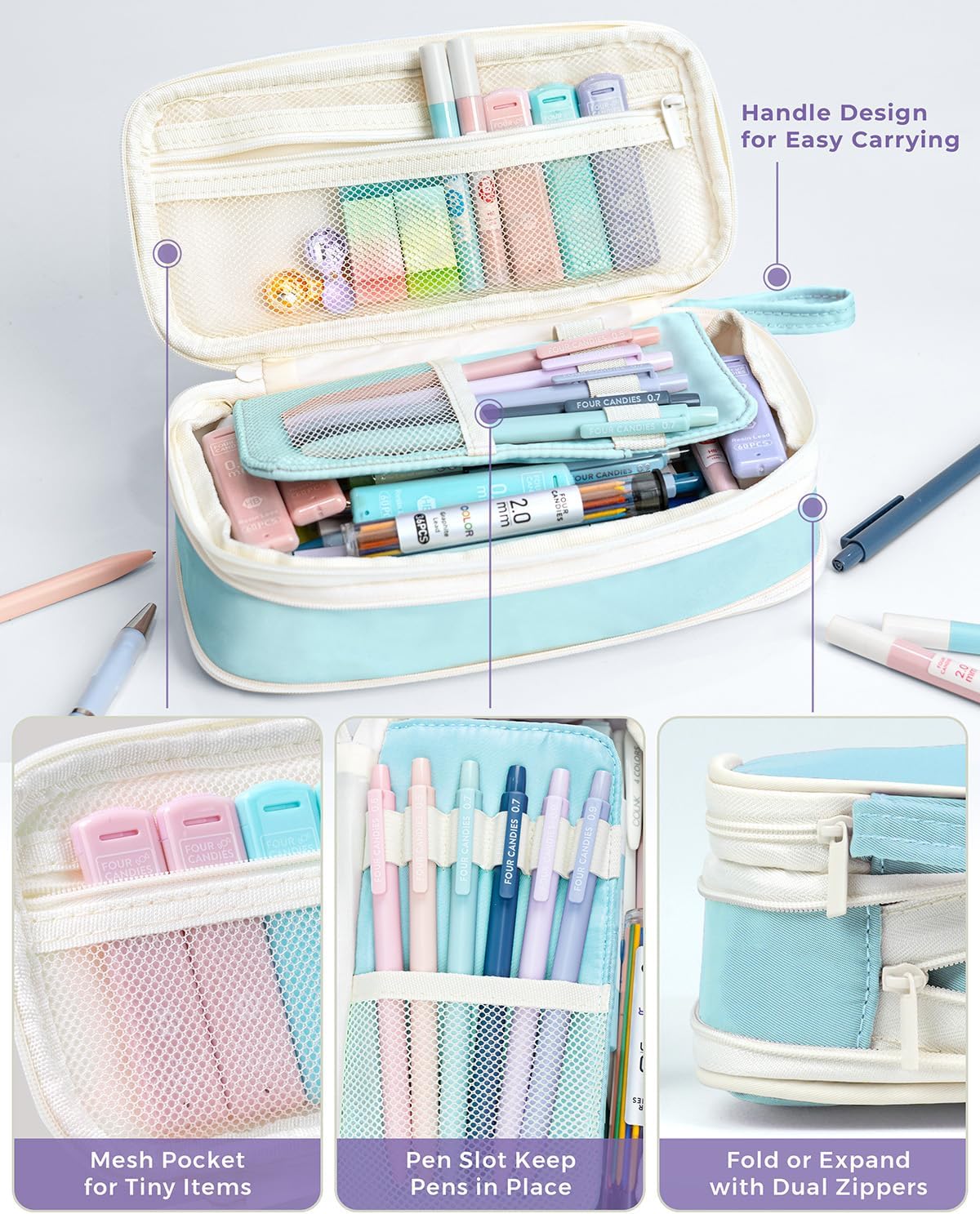 Four Candies 42PCS Aesthetic School Supplies, Mechanical Pencil Set 0.5mm, 0.7mm, 0.9mm, 2.0mm with 696 Lead Refills, Pastel Mechanical Pencils for Writing, Drawing & Drafting (Cream)