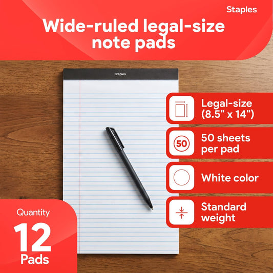 STAPLES Legal Pads, 8.5” x 14”, Wide Ruled, 50 Sheets/Pad, 12‑Pack