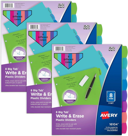 Avery Write & Erase 8 Tabs Pastel Plastic Divider for 3 Ring Binders, 3 Sets (8 Colors)