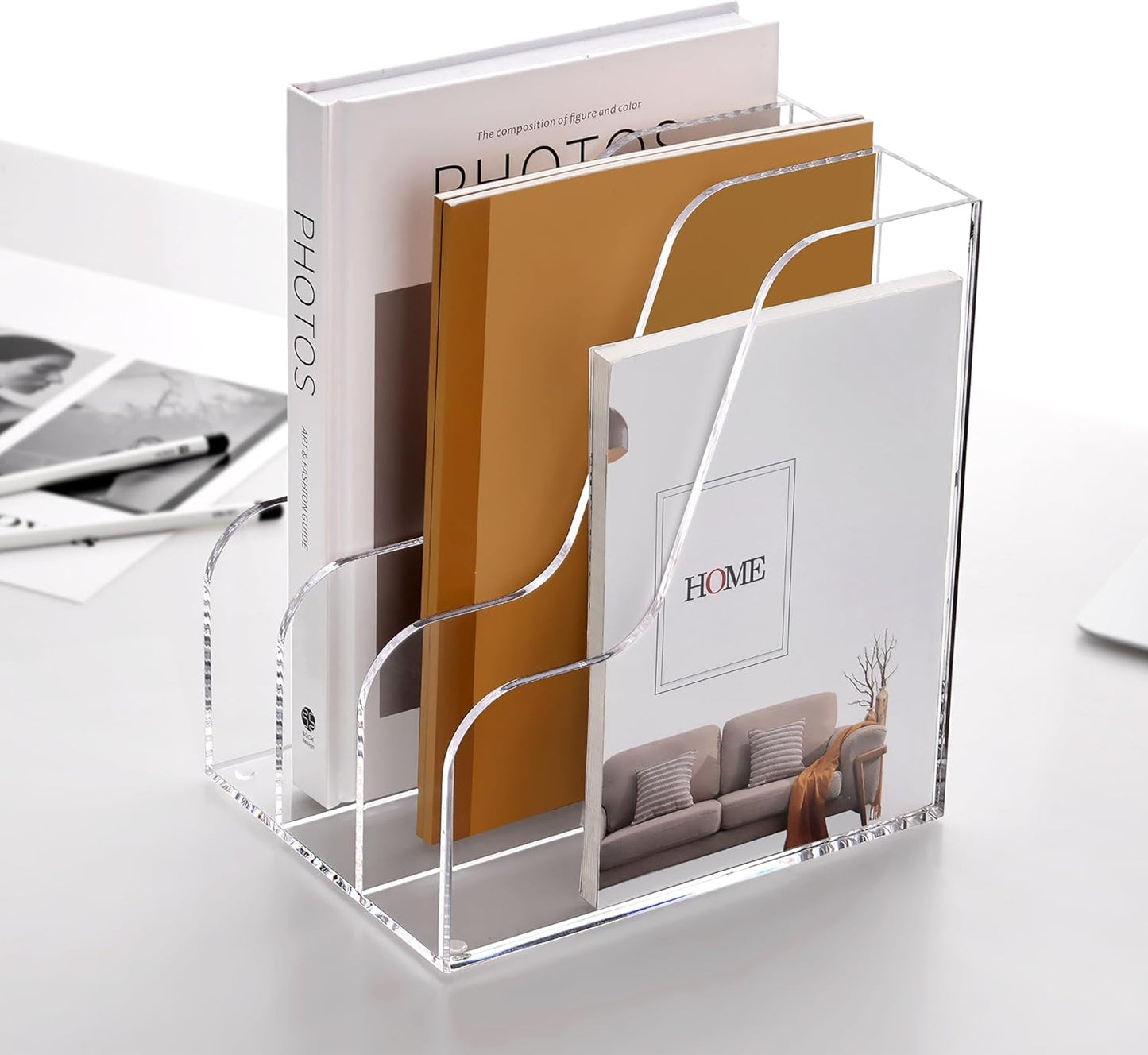 SANRUI Desk Organizer Clear Acrylic Desk Magazine File Holder with 3 Vertical Sections Magazine Rack File Organizer for Office, Home, School