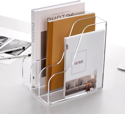 SANRUI Desk Organizer Clear Acrylic Desk Magazine File Holder with 3 Vertical Sections Magazine Rack File Organizer for Office, Home, School