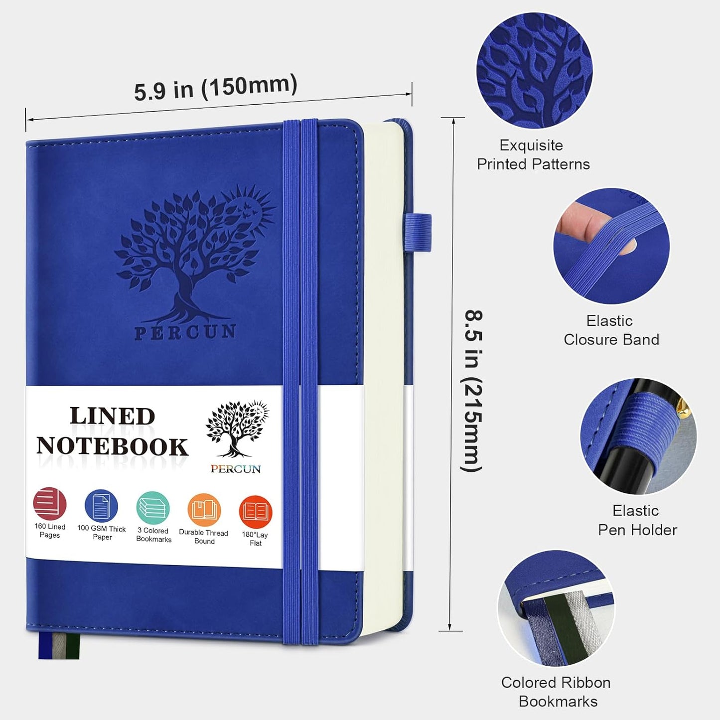 PERCUN Graph Paper Notebook, 160 Pages Grid Journal for women & men, A5 Hardcover Leather Graphing Notebook for School, Work, Travel, Note Taking 5.9”x8.5” (Black)