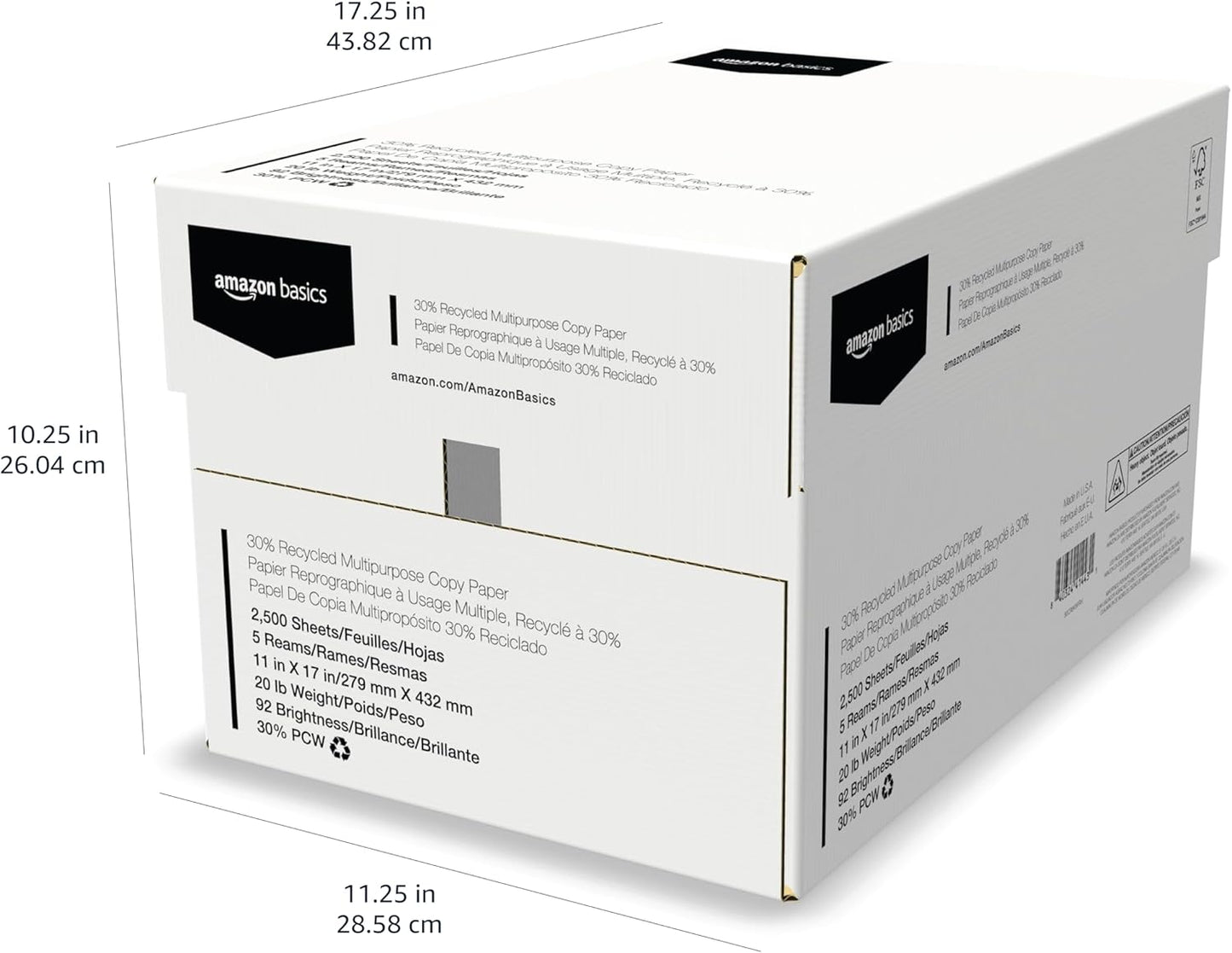 Amazon Basics 30% Recycled Multipurpose Copy & Print Paper, 8.5 x 11 Inches, 20 lb Weight, 92 Bright, White, FSC Certified, 1500 Sheets (3 Reams)