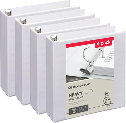 Office Depot® Heavy-Duty View 3-Ring Binder, 2" D-Rings, White, 49% Recycled, Pack of 4