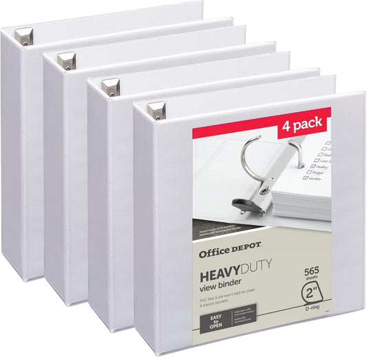 Office Depot® Heavy-Duty View 3-Ring Binder, 2" D-Rings, White, 49% Recycled, Pack of 4