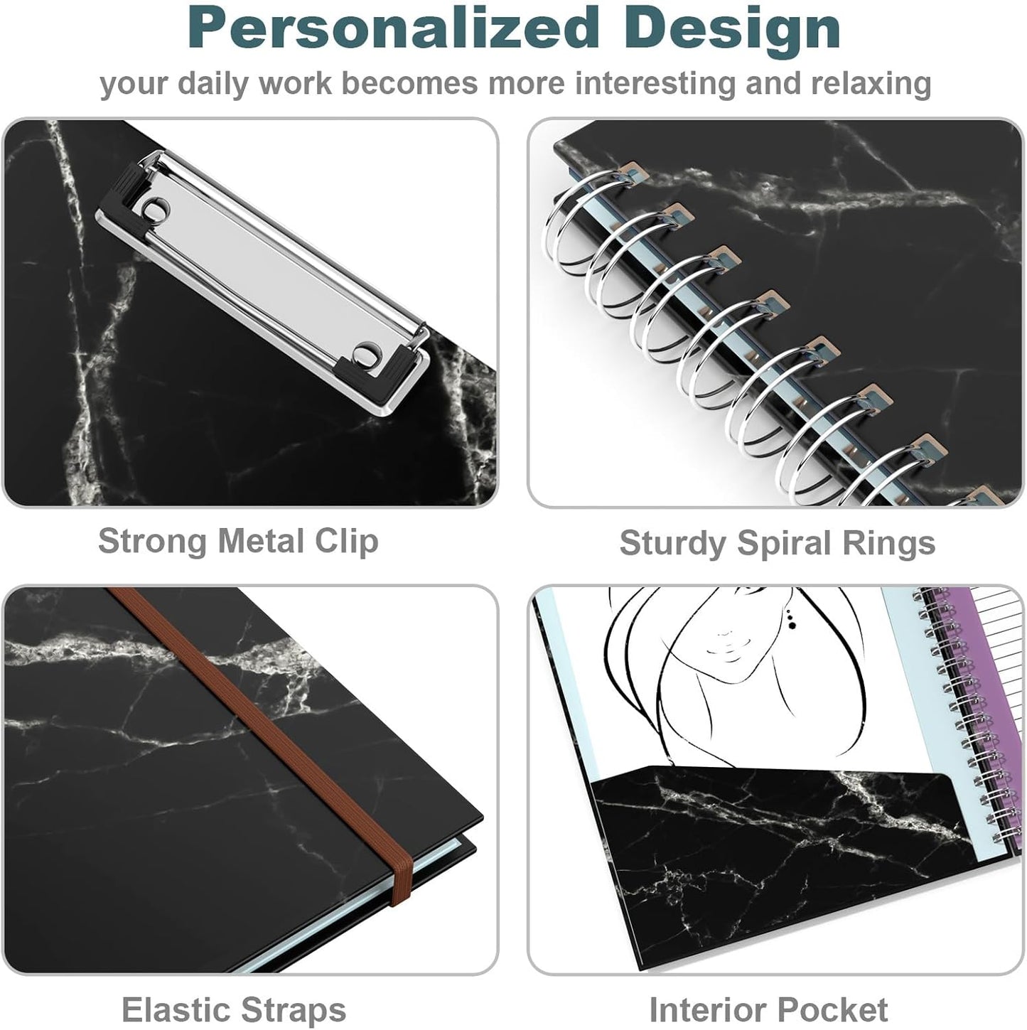 Hongri Clipboard Folio with Refillable Lined Notepad, 8.5 x 11 Folders with Storage 10 Pockets, Spiral Portfolio, Size 12.8X 9.7 in, Office & School Supplies, Skeleton