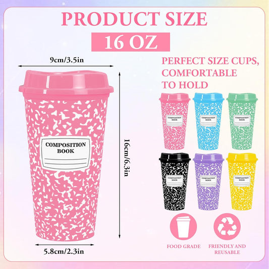 Whaline 12 Pack 16Oz Back to School Reusable Coffee Cups with Lids Plastic Tumbler Pastel Composition Notebook Coffee Travel Mug for First Day of School Party Supplies Hot Cold Drinks