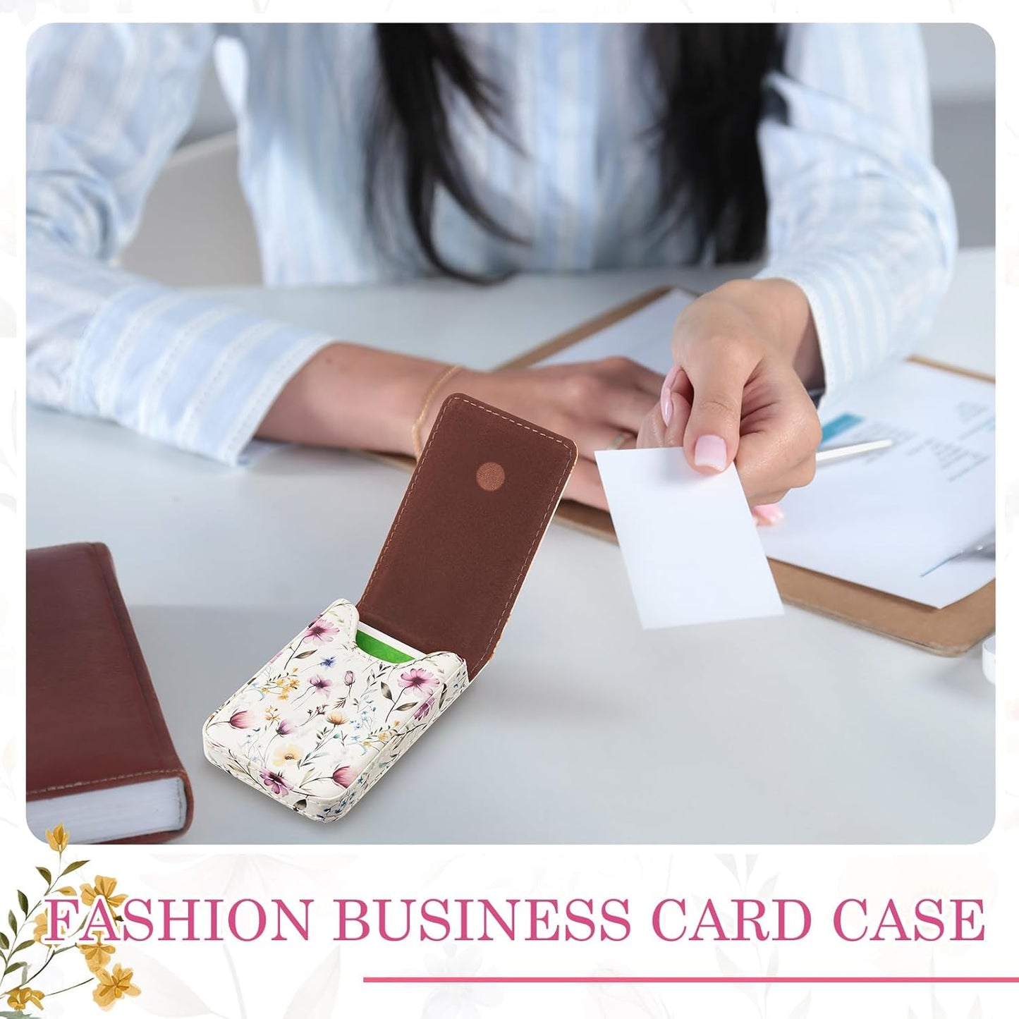 Outus 2 Pieces Business Card Holder, PU Leather Business Card Case Pocket Wallet with Magnetic Shut for Valentines Gift Men Women(Black and Coffee,Classic)