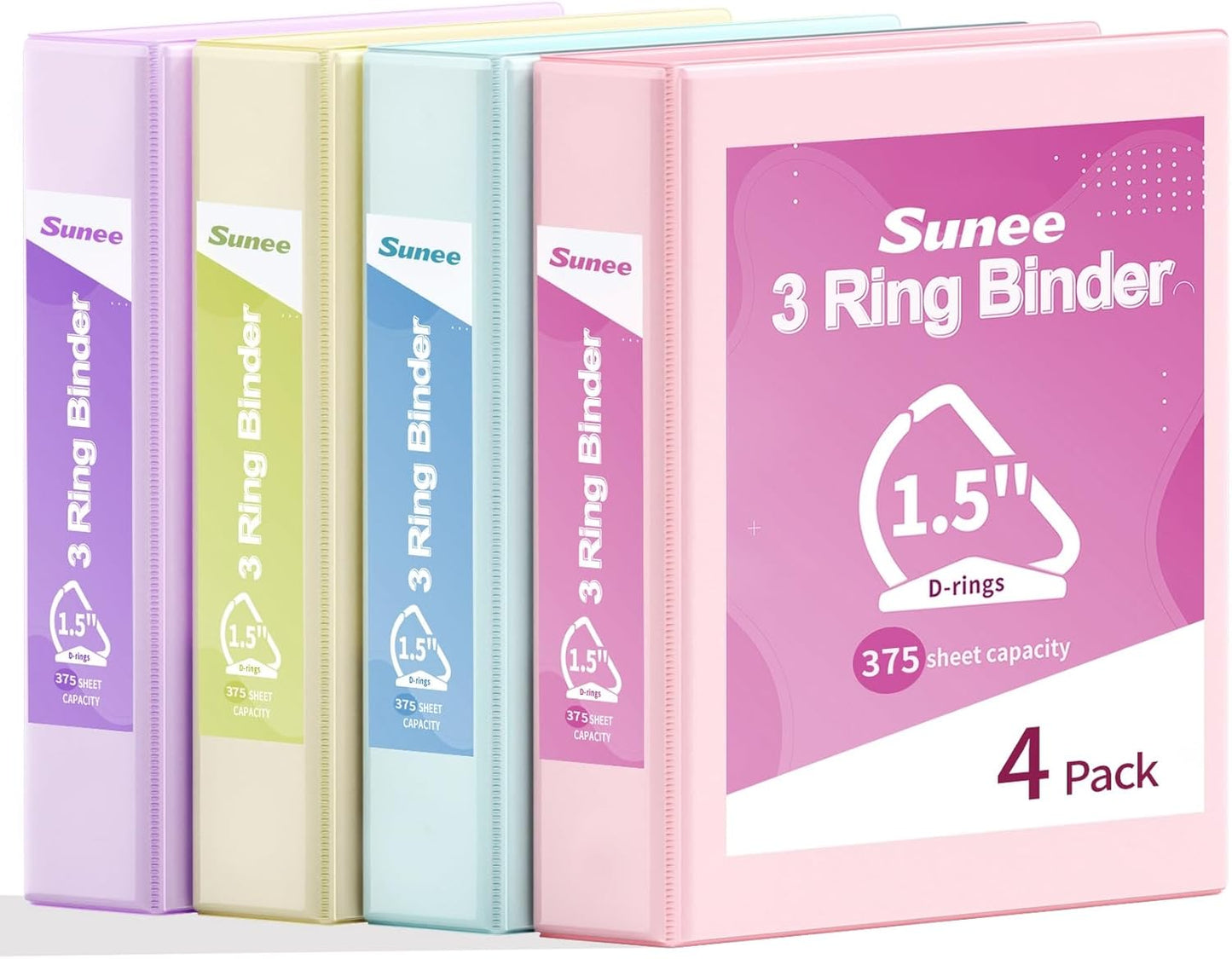 SUNEE 3 Ring Binder 1 Inch D Ring, Clear View Binder Three Ring PVC-Free (Fit 8.5x11 Inches) for School or Office Supplies, Assorted Pastel, 4 Pack