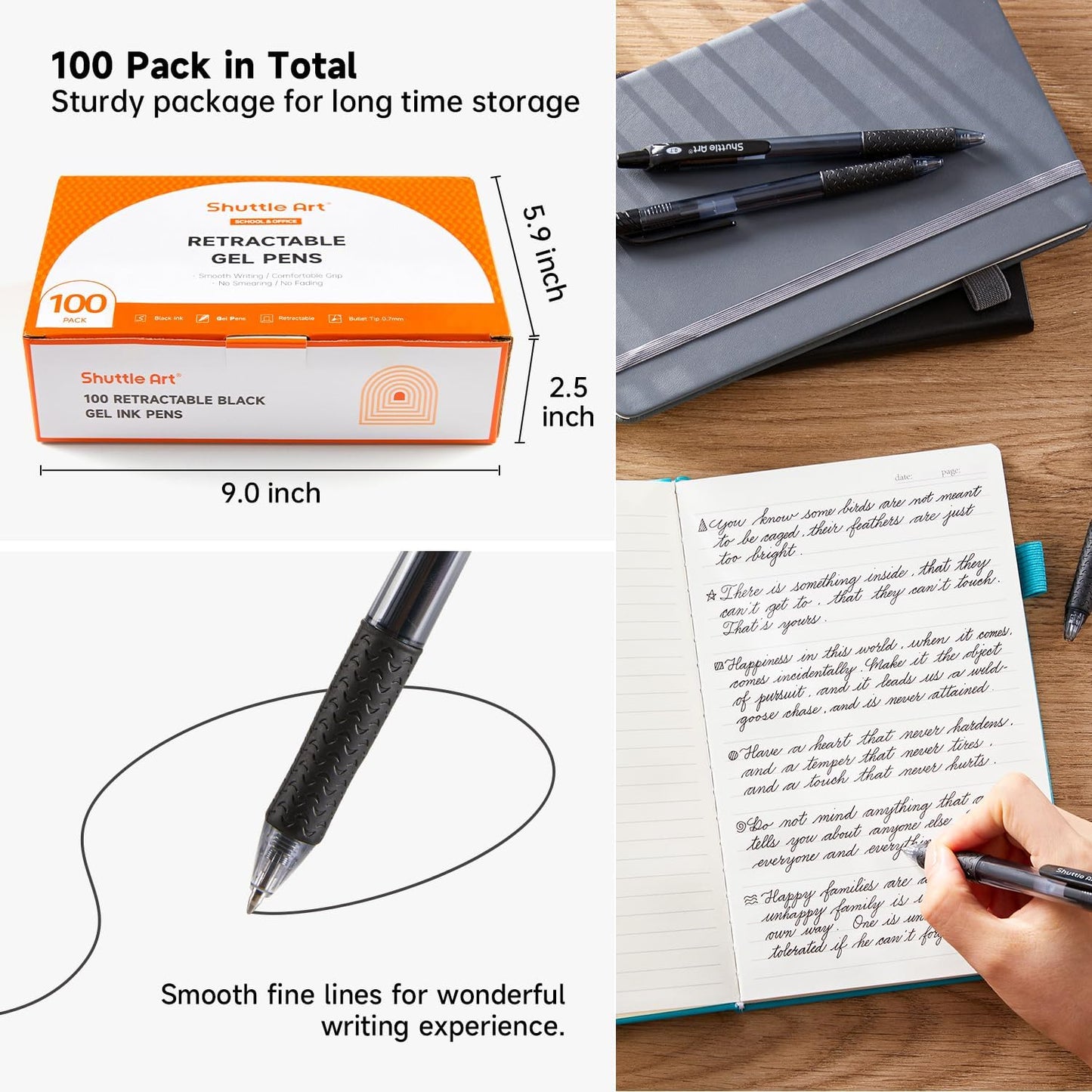 Shuttle Art Black Gel Pens, 100 Pack Retractable Medium Point Rollerball Gel Ink Pens Smooth Writing with Comfortable Grip for Office School Home Work